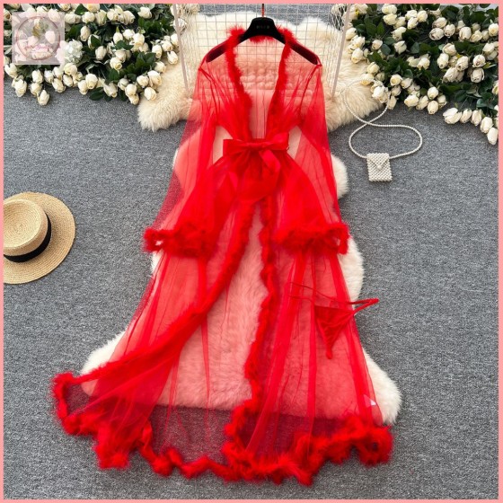 HB6956 Luxury and sexy style, fur-trimmed flared sleeve mesh shawl coat, long bathrobe-style nightgown with belt and fitted waist.