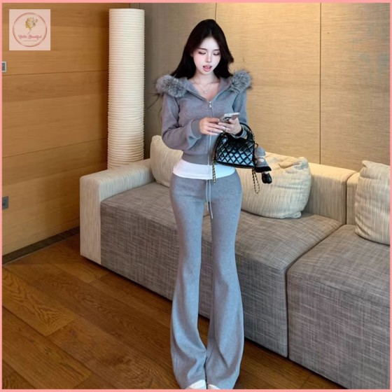 HB6870 Women's  Suit Women's Autumn/Winter New Style Fur Collar Hooded Zipper Short Jacket Flared Pants Two-Piece Set