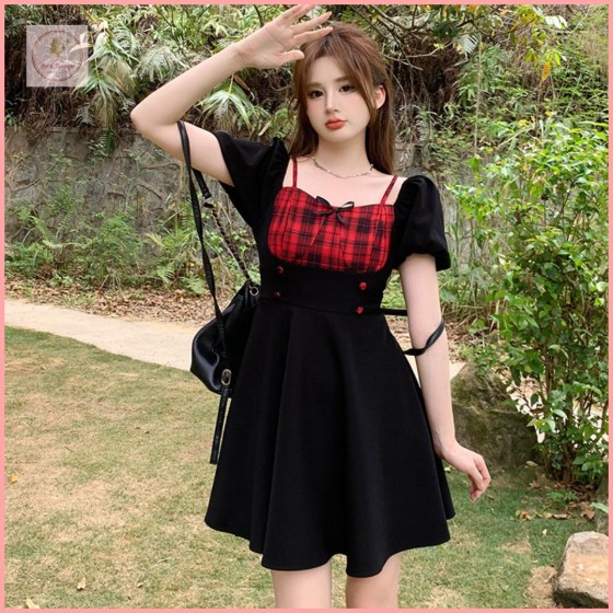 HBP20 Plus-size women's summer dress, slimming, square neck, plaid, off-shoulder, flattering, youthful, and elegant for slightly chubby girls.