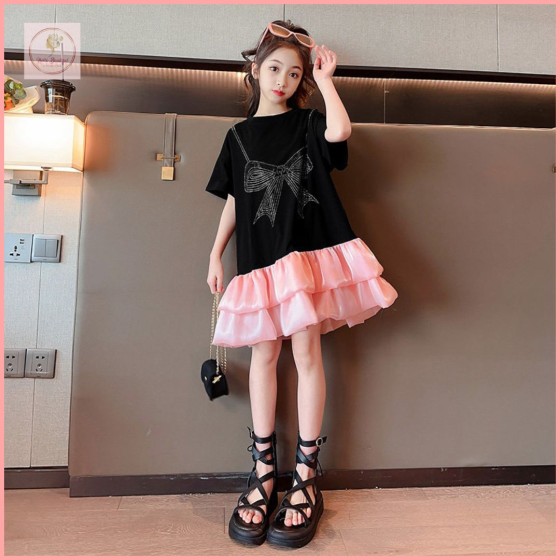 HBK49 Girls' summer princess dress with bow, new popular style, patchwork dress for little girls, fashionable T-shirt dress for children.