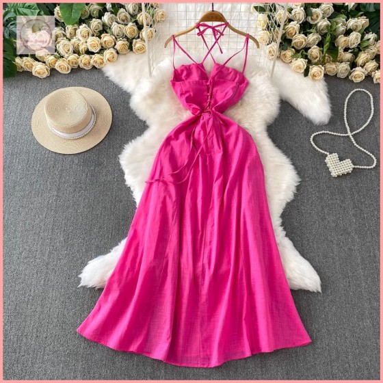 HB6931 Women's Beach vacation style summer dress for women, sexy backless halter top, waist-cinching, and flattering, fuchsia slit maxi dress