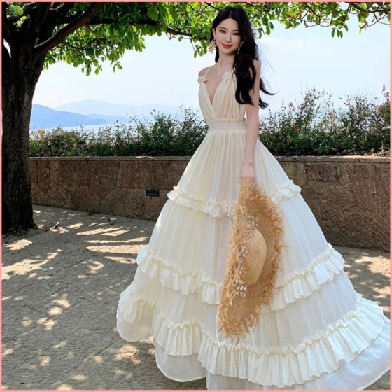 HB6860 Women's Dress Thailand Cotton Linen Cake Dress V-neck Waist-cinching Slimming Backless Halter Neck Summer Beach Vacation Dress for Comfortable Vacations