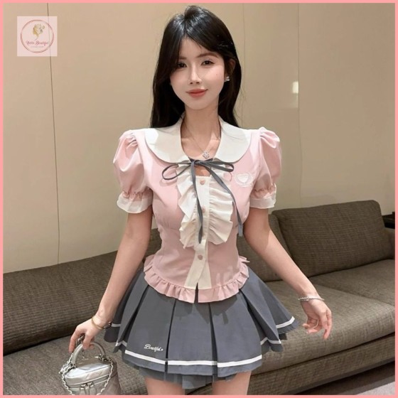 HB6634 Summer petite schoolgirl style JK uniform sweet and youthful lace-up fitted shirt and high-waisted pleated skirt set