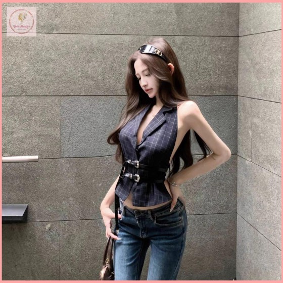 HB6470 Women's plaid back halter neck vest for summer waist sleeveless outer wear top