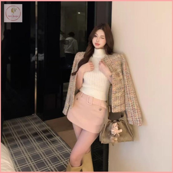 HB7058 Women's 2025 Autumn/Winter New Style High-Waisted Skirt Set with Floral Pattern Long-Sleeved Jacket and Inner Layer Vest