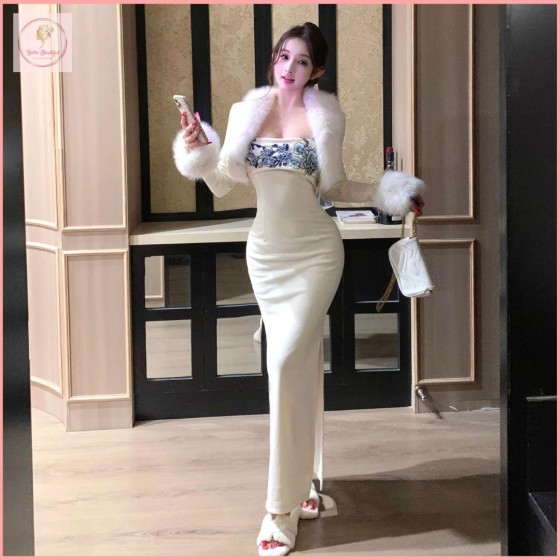 HB7070 Women's New style off-shoulder cheongsam skirt with slit, women's winter 2025 fur shawl coat.