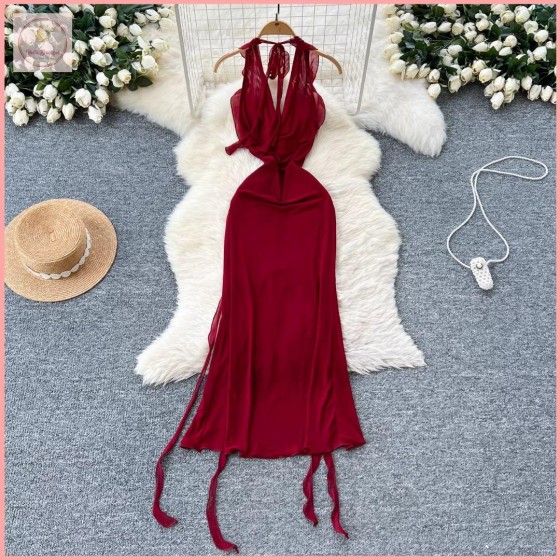 HB6984 Women's 3D floral halter neck dress for women, perfect for summer beach vacations, and slit mesh skirt.