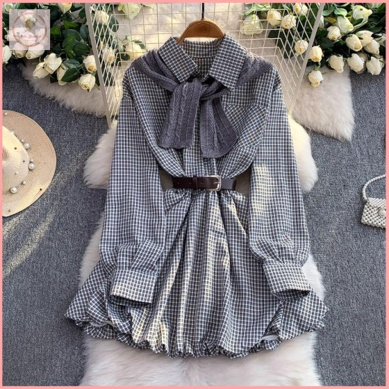HB6927 Women's Style mature and sophisticated plaid collared shirt dress for women, autumn and winter, hooded, fitted waist