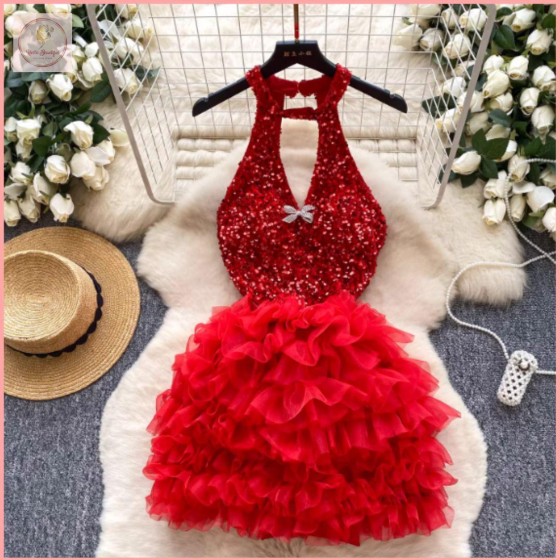 HB7025 Women's halter neck dress for photography studios, perfect for a birthday celebration with mesh paneling.