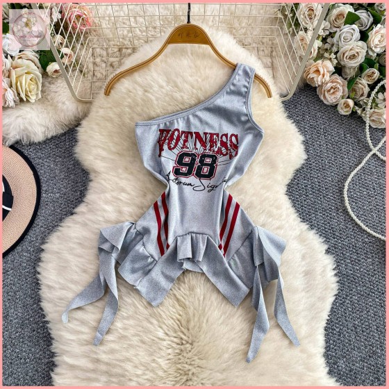 HB6922 Women's Top American Style Sexy Off-Shoulder Camisole with Unique Letter Print Slim Fit Irregular Ruffles Red Black White Gray