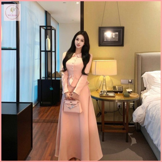 HB6866 Women's Style Pink Long-Sleeved Cardigan Jacket Women's Autumn and Winter High-Waisted Skirt Style Two-Piece Set
