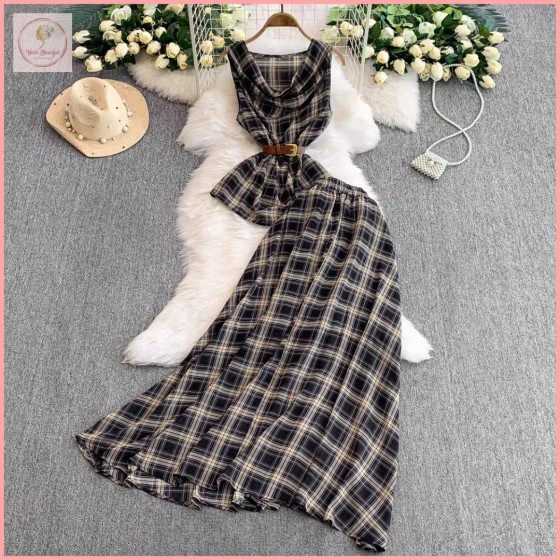 HB7033 Women's Sophisticated and elegant sleeveless halter neck vest top set with high-waisted plaid flared skirt