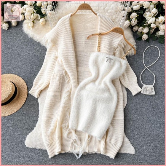 HB6230 Women's spring tassel mid-length knitted cardigan coat + chain dress set