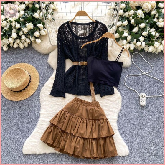 HB6854 Women's dress Korean style women's autumn innerwear camisole tank top with tie waist hollow knit cover-up high-waisted ruffle skirt